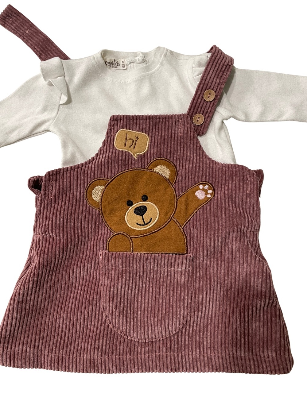 Kids Corduroy Bear Pinafore Matching Set in Mauve - Brand:
